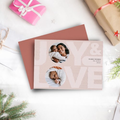 Modern Geometric Joy Love Soft Pink Rose Gold Foil Holiday Card