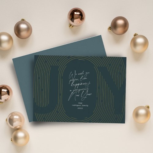 Modern Geometric Joy Oval Arch Green and Gold Foil Holiday Card