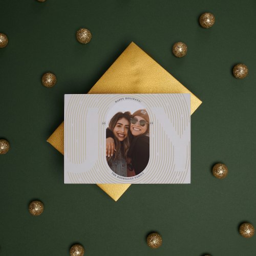Modern Geometric Joy Oval Arch Ivory Gold Foil Holiday Card