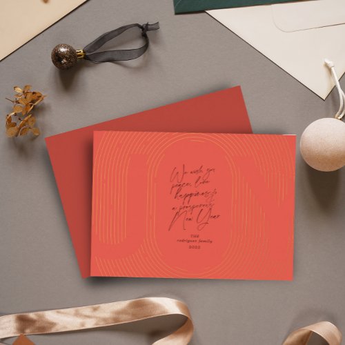 Modern Geometric Joy Oval Arch Red and Gold Foil Holiday Card