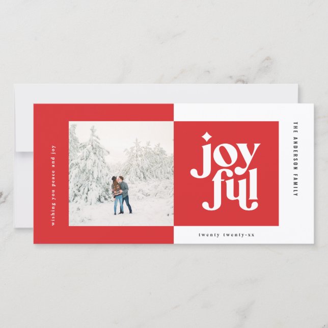 Modern geometric joyful typography photo holiday card (Front)
