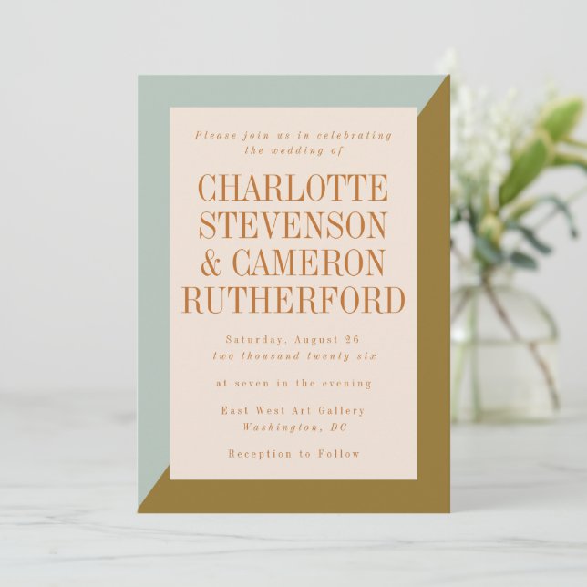 Modern Geometric Light Blue and Olive Wedding Invitation (Standing Front)