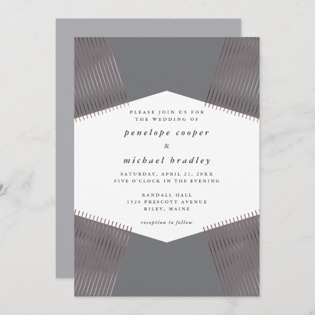 Modern Geometric Lines Gray Wedding Invitation (Front/Back)