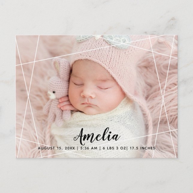 Modern Geometric Lines Photo Brith Announcement Postcard (Front)