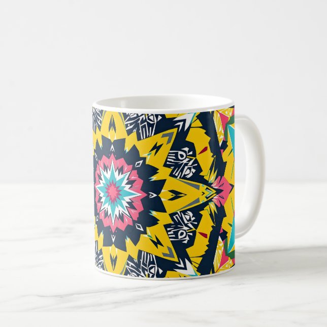 Modern geometric mandala yellow navy pattern coffee mug (Front Right)