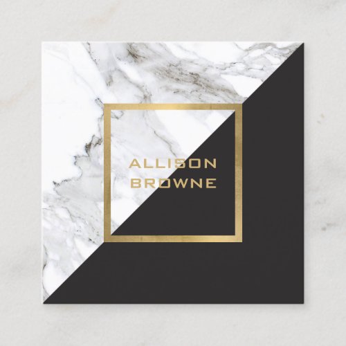 Modern Geometric MarbleBlack and Faux Gold Square Business Card