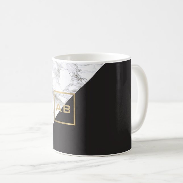 Modern Geometric Marble/Black Monogram Logo Coffee Mug (Front Right)
