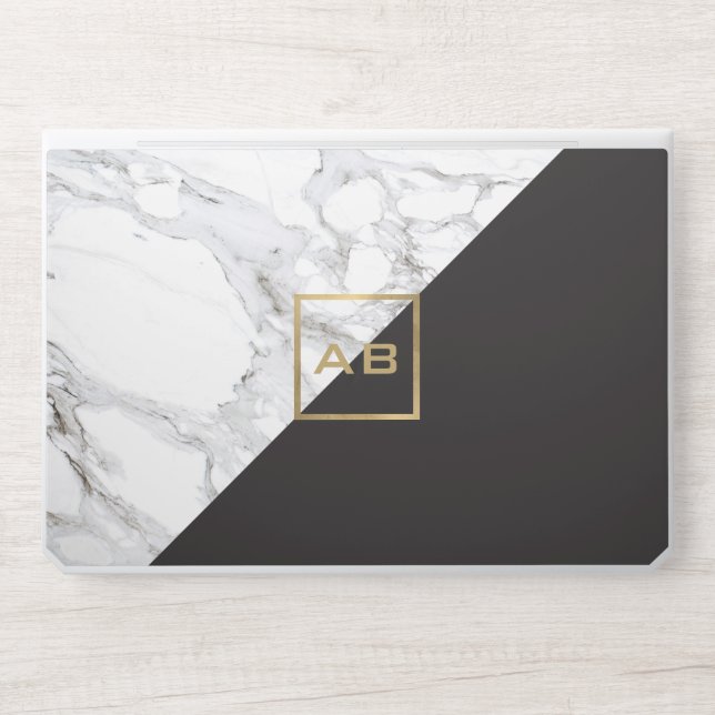 Modern Geometric Marble/Black Monogram Logo HP Laptop Skin (Front)