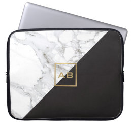 Modern Geometric Marble/Black Monogram Logo Laptop Sleeve