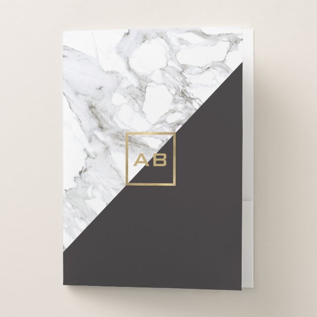 Modern Geometric Marble/Black Monogram Logo Pocket Folder (Front)