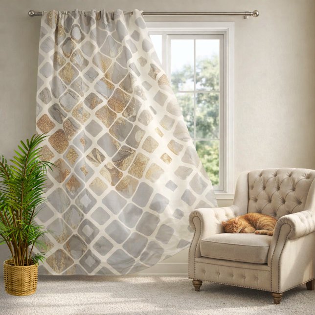 Modern Geometric Marble Gold Pattern Sheer Curtains (Modern geometric curtain featuring a blend of marble textures, warm neutrals, and soft gold accents)