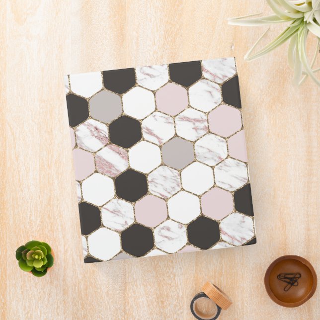 Modern Geometric Marble Hexagon Pattern 3 Ring Binder (In Situ)