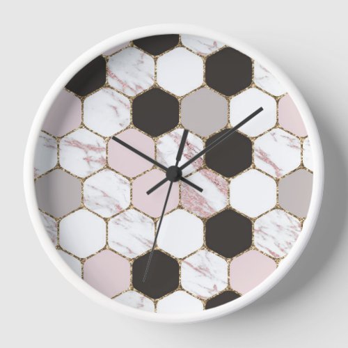 Modern Geometric Marble Hexagon Pattern Clock