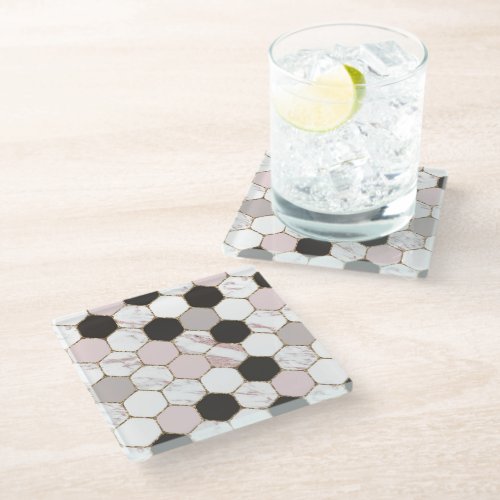 Modern Geometric Marble Hexagon Pattern Glass Coaster