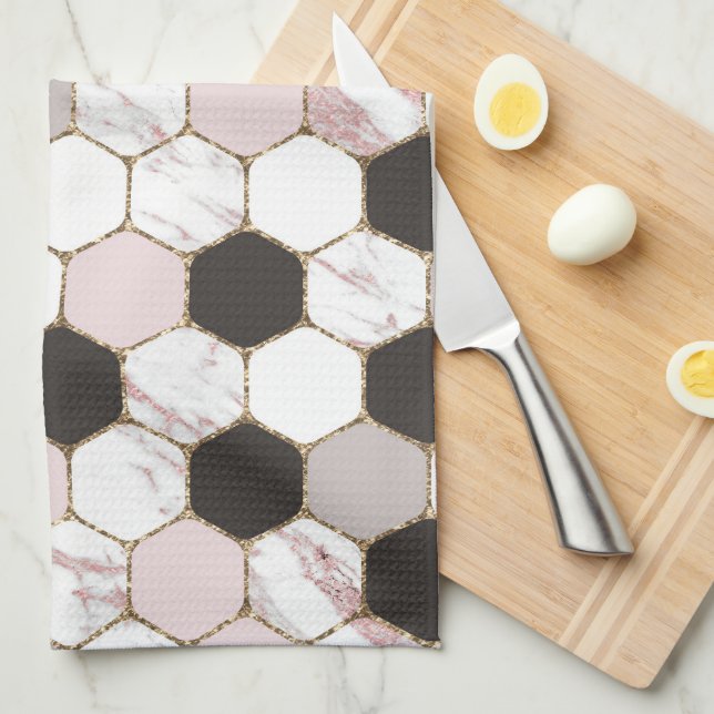 Modern Geometric Marble Hexagon Pattern Kitchen Towel (Quarter Fold)