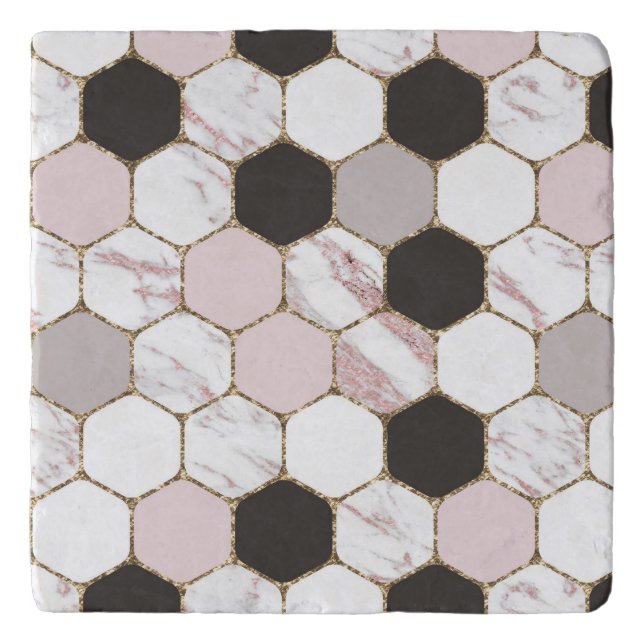 Modern Geometric Marble Hexagon Pattern Trivet (Front)