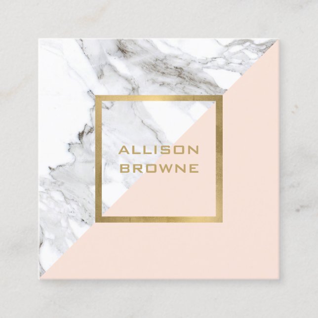 Modern Geometric Marble/Pink and Faux Gold Square Business Card (Front)
