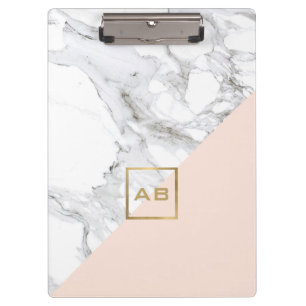 Modern Geometric Marble/Pink Monogram Logo Clipboard