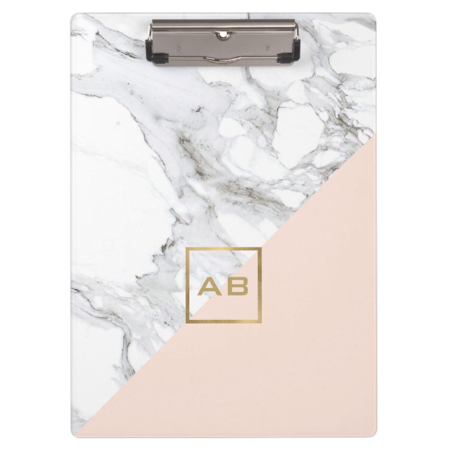 Modern Geometric Marble/Pink Monogram Logo Clipboard (Front)