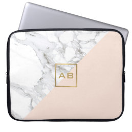 Modern Geometric Marble/Pink Monogram Logo Laptop Sleeve