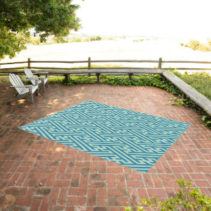 Modern Geometric Maze Pattern Blue & Green Outdoor Rug