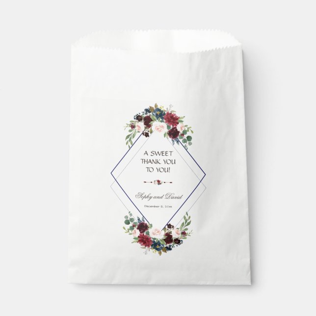 Modern Geometric Merlot Navy Blue Floral THANK YOU Favor Bag (Front)