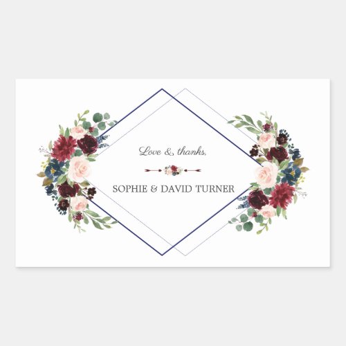 Modern Geometric Merlot Navy Blue Floral Wedding Rectangular Sticker