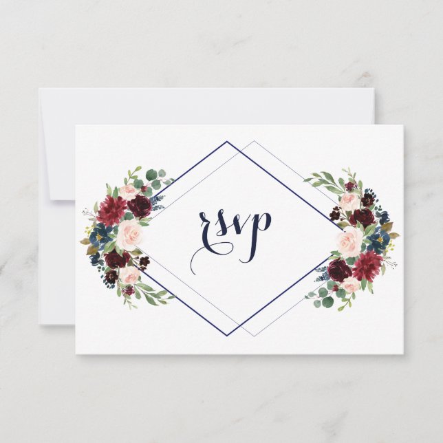 Modern Geometric Merlot Navy Blue Floral Wedding RSVP Card (Front)