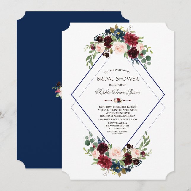 Modern Geometric Merlot Navy Floral Bridal Shower Invitation (Front/Back)