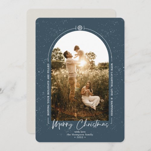 Modern Geometric Merry Christmas Blue Photo Holiday Card