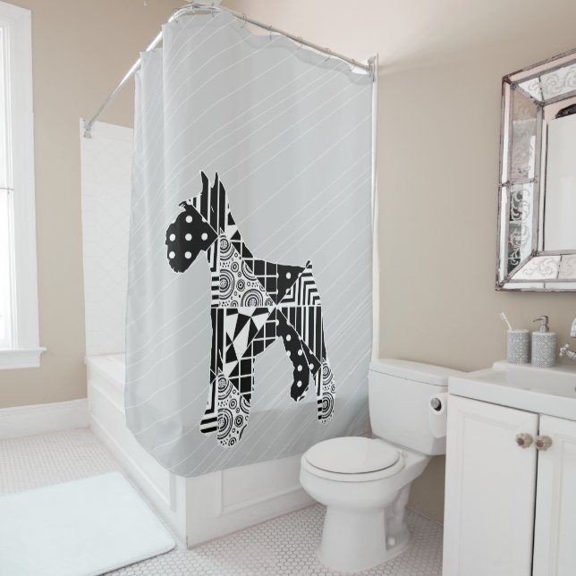 Modern Geometric Miniature Schnauzer Shower Curtain (In Situ)