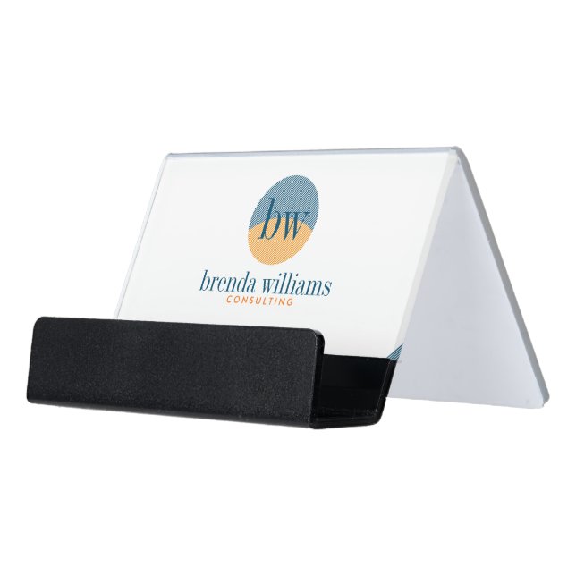Modern Geometric Minimal Blue & Yellow Desk Business Card Holder (Angled Front)