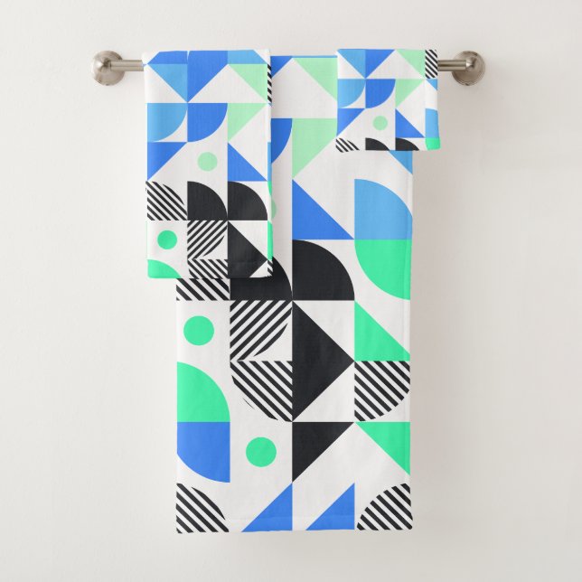 Modern Geometric Mint Green Blue Bath Towel Set (Insitu)