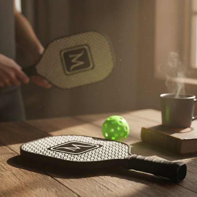 Modern Geometric Monogram Black White Carbon Fiber Pickleball Paddle (Creator Uploaded)