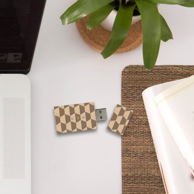 Modern Geometric Monogrammed Wood USB Flash Drive (Modern Geometric Monogrammed Wood USB Flash Drive with space for your initials)
