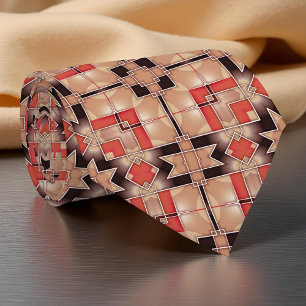 Modern Geometric Mosaic Cream Brown Red Abstract Neck Tie