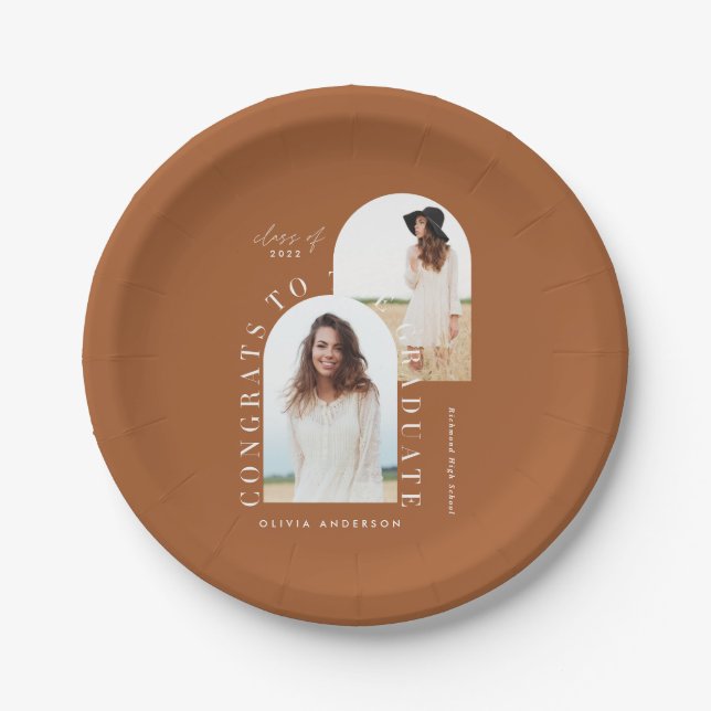 Modern geometric multi photo arch graduation paper plates (Front)