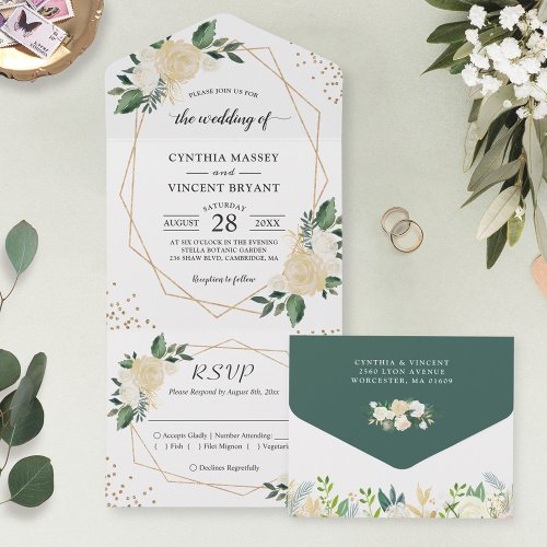 Modern Geometric Nature Green Gold Floral Wedding All In One Invitation