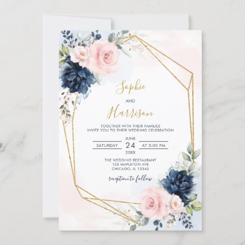  Modern Geometric Navy and Blush Floral Wedding Invitation