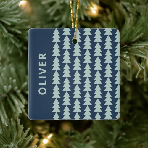 Modern geometric navy blue Christmas tree graphic Ceramic Ornament