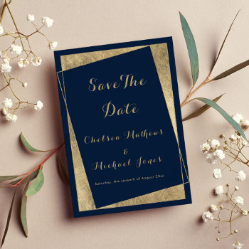 Modern Geometric Navy Blue Faux Gold Save The Date by kicksdesign at Zazzle