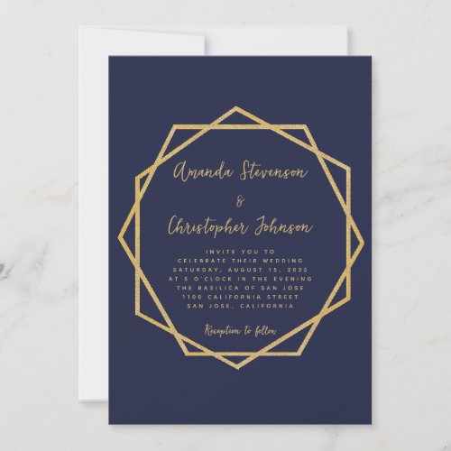 Modern Geometric Navy Blue  Gold Elegant Wedding Invitation