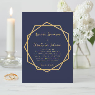 Modern Geometric Navy Blue & Gold Elegant Wedding Invitation