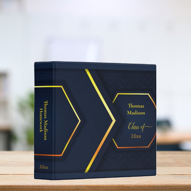 Modern Geometric Navy Blue Gold Monogrammed 3 Ring Binder (Creator Uploaded)