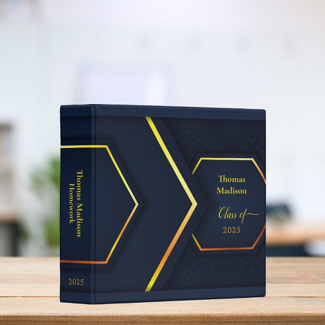 Modern Geometric Navy Blue Gold Monogrammed 3 Ring Binder (Creator Uploaded)