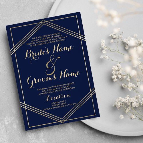 Modern geometric navy blue gold Wedding Invitation
