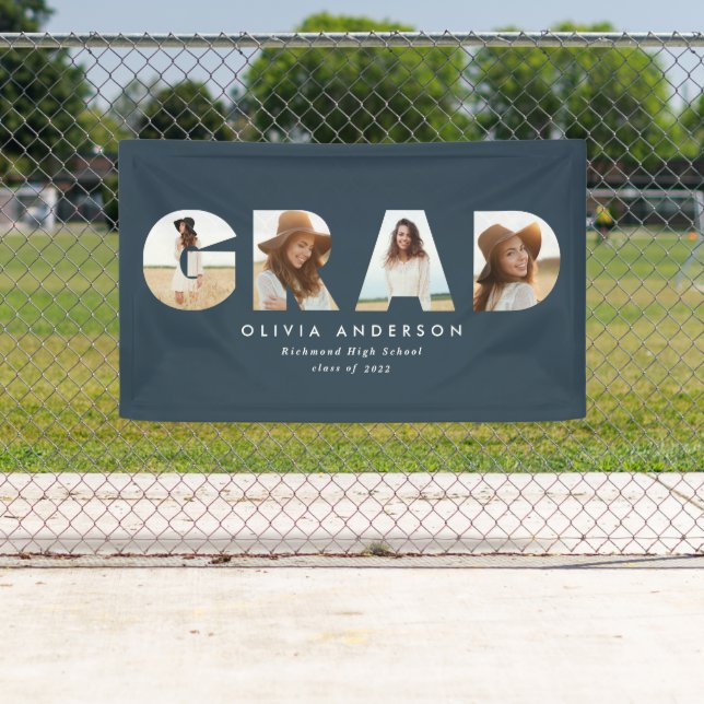 Modern geometric navy blue multi photo graduation banner (Insitu)