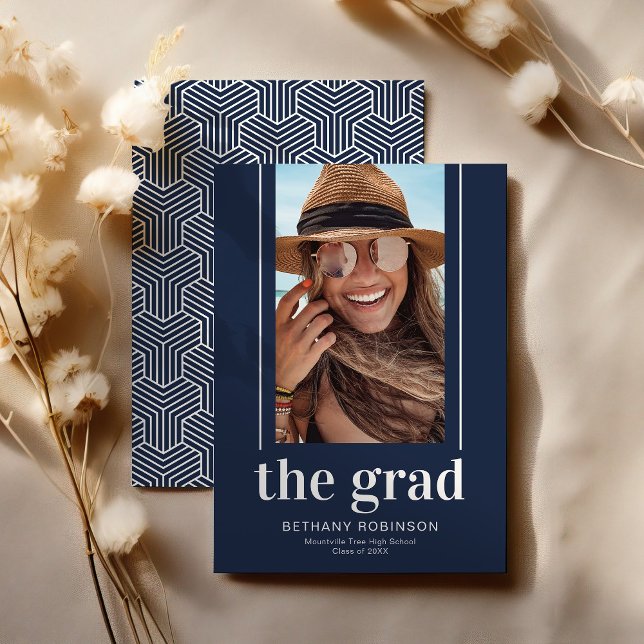 Modern Geometric Navy Blue Photo Graduation Announcement (Creator Uploaded)