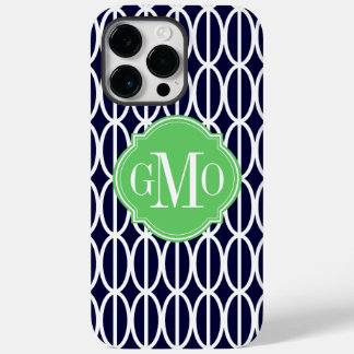 Modern Geometric Navy Blue White Pattern Monogram Case-Mate iPhone 14 Pro Max Case