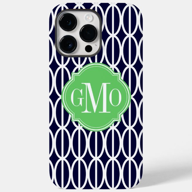 Modern Geometric Navy Blue White Pattern Monogram Case-Mate iPhone Case (Back)